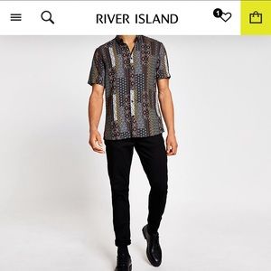 Navy printed slim fit short sleeve shirt